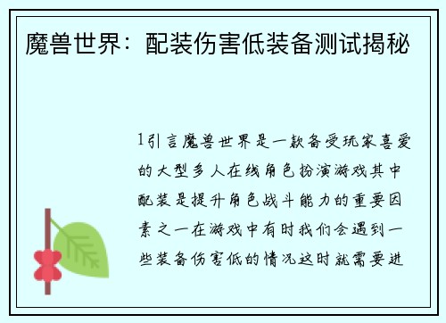魔兽世界：配装伤害低装备测试揭秘